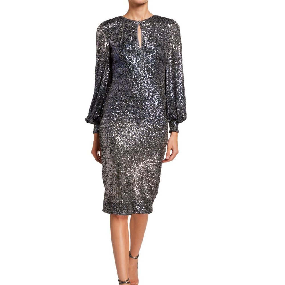Badgley Mischka Ombre Sequin Poet-Sleeve Dress
